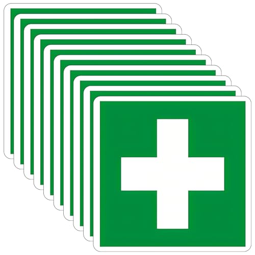 SRTSTR 10 Pz Cartello Cassetta Pronto Soccorso 10x10 cm Autoadesiva PVC Cartello Medico, Adesivi Cassetta Pronto Soccorso, Segnaletica di Salvataggio Anti UV, Impermeabile, per Esterno e Interno