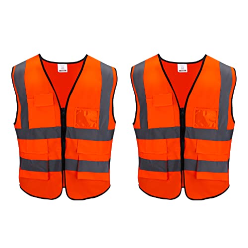 Gilet Alta Visibilità, 2 PCS Gilet di Sicurezza Riflettente con Tasche e Cerniera, per Lavori All'Aperto/Ciclismo/Jogging/Passeggiate/Guardia di Attraversamento/Strada/Costruzione - Arancione