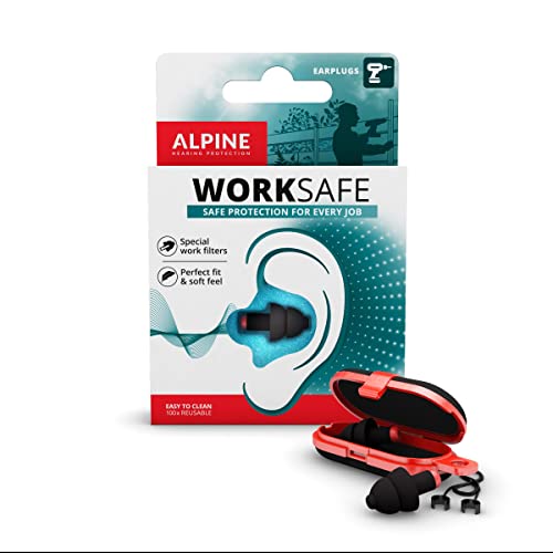 Alpine WorkSafe - Tappi per le orecchie professionali - Certificati ANSI & CE - 23 dB - DPI per lavoro in ufficio e in cantiere - Cavo di sicurezza incluso - Comodi e riutilizzabili