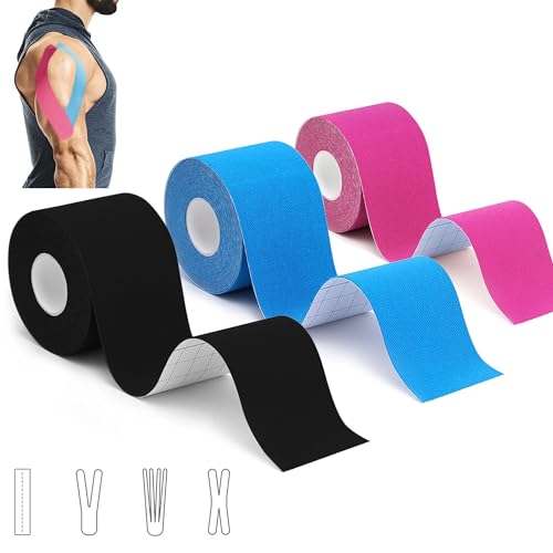 Tape Kinesiologico Nastro Kinesiologico Tanti Colori 3 Rotoli 5 m x 5,0 cm, Muscolare Cerotto Per Taping Kinesiologico per Ginocchio, Spalla e Gomito, Fisioterapiche Impermeabil & Traspiranti