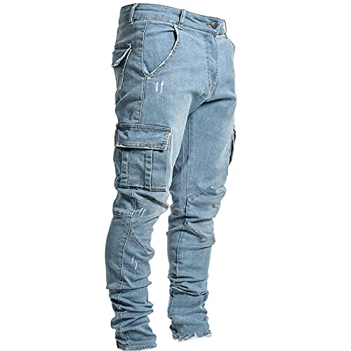 Pantaloni da Jeans Uomo Lavoro Slim Fit con Grandi Tasca Tinta Unita Elasticizzati Moda Vintage Pantaloni in Denim Leggero Resistenti Casual Lavaggio Taglie Forti Blu Nera