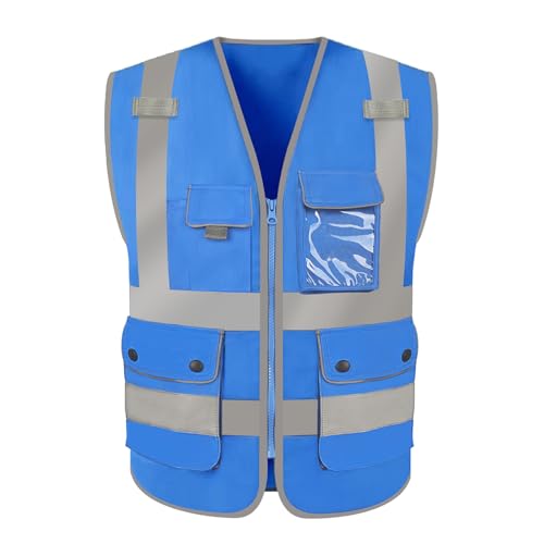 HYCOPROT Gilet di Sicurezza ad Alta Visibilità con Tasche multiple e Cerniera, Gilet da Costruzione Leggero Traspirante, Conforme Agli Standard EN ISO 20471 (Blu, S)