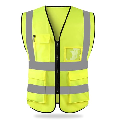 HYCOPROT Gilet di Sicurezza Antinfortunistici Alta Visibilità Giacca da lavoro riflettente ad alta visibilità manageriale Gilet Zip Brace Security (L, Giallo)