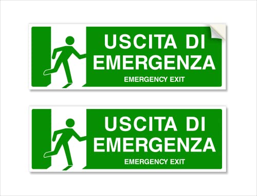 2 Adesivi USCITA DI EMERGENZA, Mis: 30x10 cm, in PVC Morbido, laminato anti UV, Cartello uscita di sicurezza, in Italiano e inglese, 2 pz