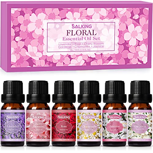 SALKING Oli Essenziali Floreale per Diffusori 6x10ml, Set di Olio Essenziale Puri per Aromaterapia e Massaggi - Lavanda, Gelsomino, Rosa, Fiore di Ciliegio, Gardenia, Camomilla