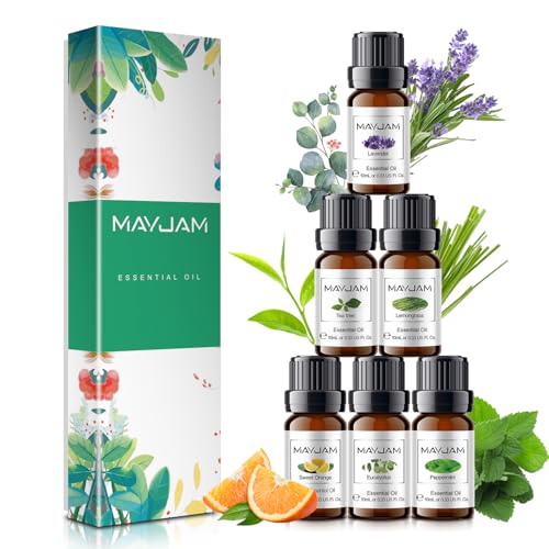 MAYJAM Set Oli Essenziali 6 Pezzi, Oli Essenziali per Diffusori Aromaterapia Puri Naturali, Olio Essenziale di Lavanda, Eucalipto, Tea Tree, Menta Piperita, Arancia Dolce, Citronella