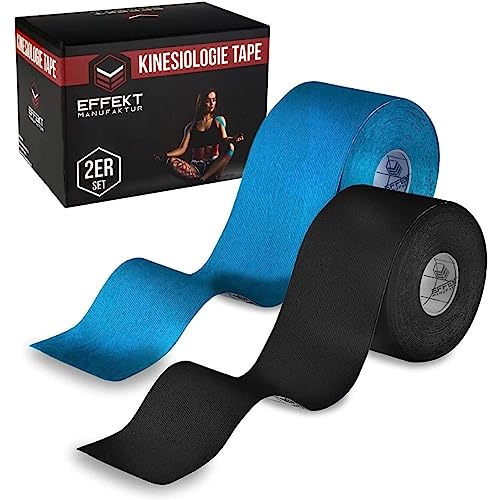 Effekt Manufaktur Nastro kinesiologico – 2 rotoli di nastro kinesiologico 5 m x 5 cm in blu e nero – nastro kinesio impermeabile ed elastico per lo sport – nastro muscolare non tagliato – Uncut Physio