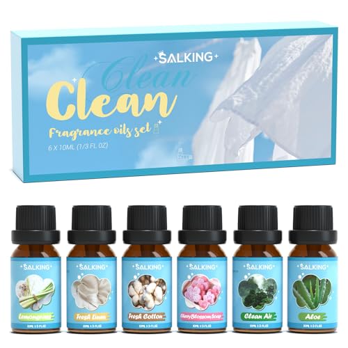 SALKING Oli Essenziali Pulito per Diffusori 6x10ml, Set di Olio Essenziale Puri per Aromaterapia e Massaggi - Citronella, Cotone fresco, Lino fresco, Sapone ai fiori di ciliegio, Aria pulita, Aloe