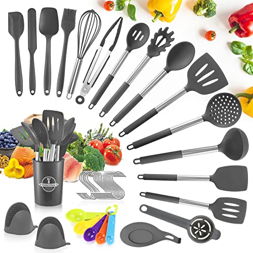 TWBEST Set di Utensili da Cucina in Silicone,44pcs Utensili Cucina Set con 20 Ami,5 Cucchiai Dosatori Piccoli,Resistente al Calore Antiaderenti Utensili da Cucina con Ganci-Grigio Scuro