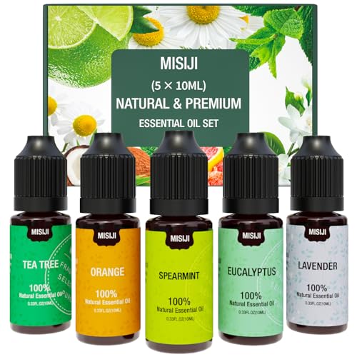 MISIJI Set di oli essenziali per diffusori，per la casa, lavanda, menta, tea tree, eucalipto, arancio, 5 X 10ML