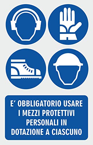 CARTELLO SEGNALETICO - E' OBBLIGATORIO USARE I MEZZI PROTETTIVI PERSONALI IN DOTAZIONE A CIASCUNO - Con Adesivo in Vinile e Pannello in Forex (Pannello 5mm Stampato)