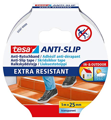 tesa, Nastro antiscivolo, molto ruvido e resistente, trasparente, Bianco, 5 m x 25 mm