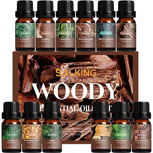 SALKING Oli Essenziali Woody per Diffusori 12x10ml - Frankincense, Teak, Sandalo, Cipresso, Cedro, Patchouli, Cuoio, Bambù, Pino, Sequoia, Cannella, Abete Rosso Nero